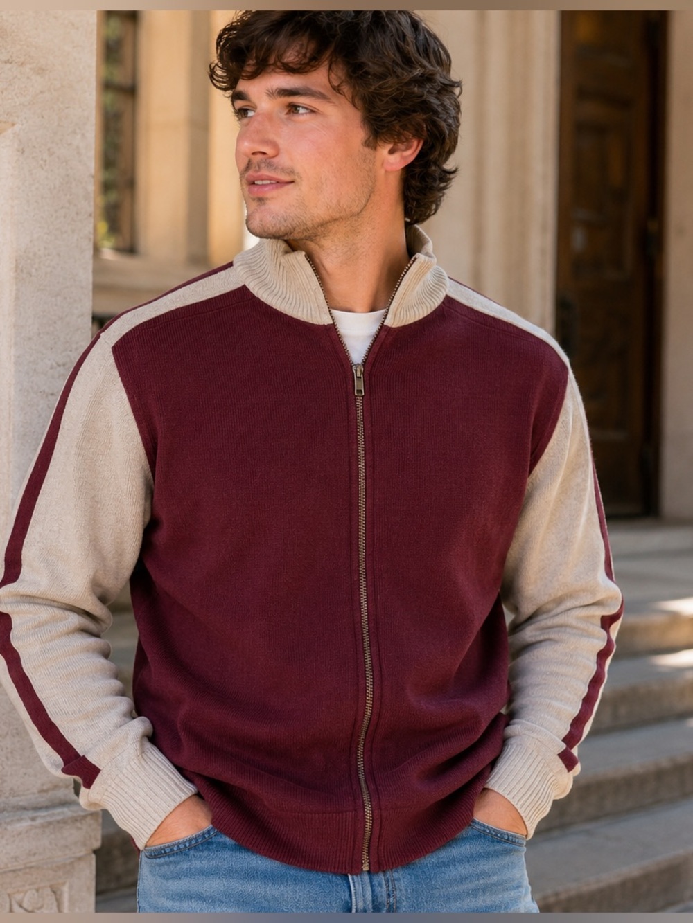 Joe Boxer Color Block Zip Cardigan Men’s XL Burgundy Tan Full Zip Sweater Jacket